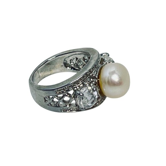 Silver Tone Statement Ring With Faux Pearl & Clear Rhinestones Size 6.25 (R447) - Picture 6 of 8